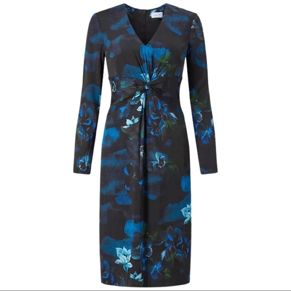 NWT JIGSAW LONDON Romantic Twist Front Navy Floral V-Neck Long Sleeve Midi Dress - Picture 7 of 16